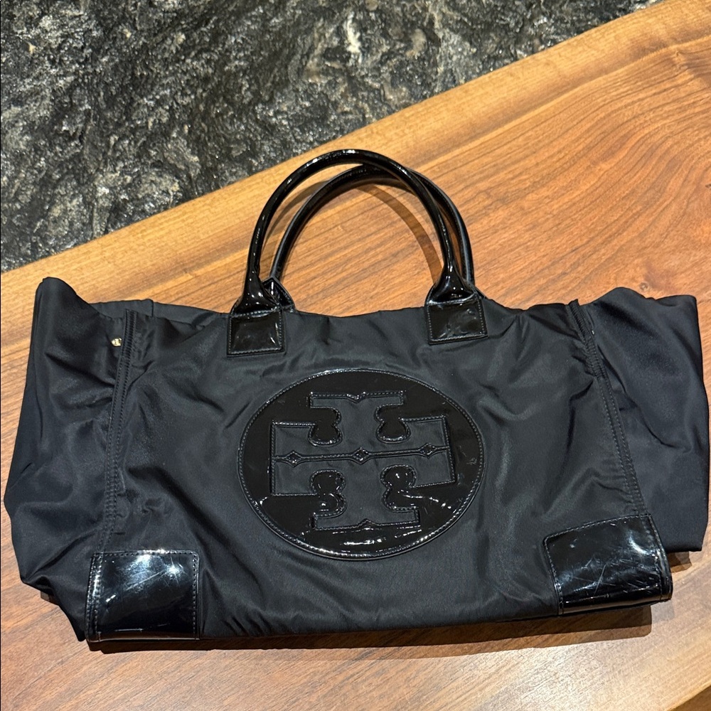Tory Burch Black Nylon Tote with Glossy Accents